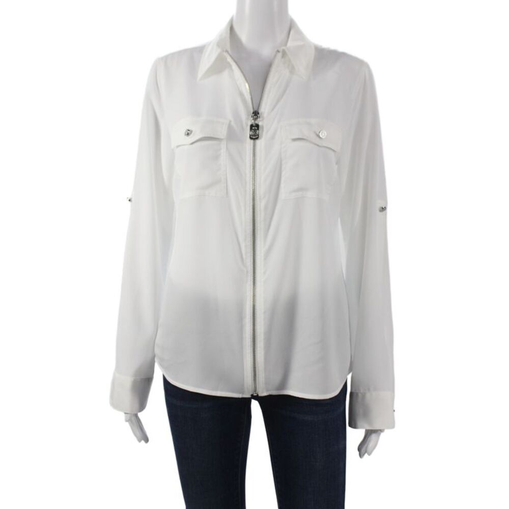 Michael Michael Kors Women White Collared Zip Long Sleeve Blouse Size M